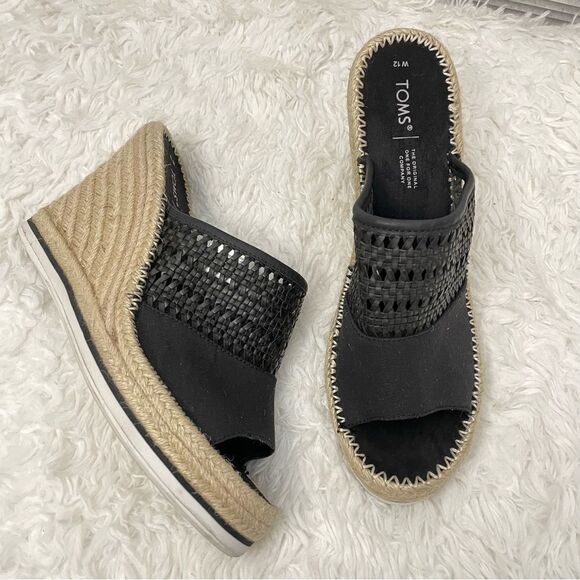 Toms Monica Mule Wedge Espadrille Slip On Sandal in Black Basketweave size 12 - Picture 2 of 8